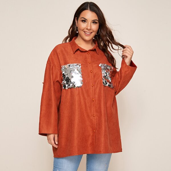 

Plus Drop Shoulder Sequin Pocket Blouse, Orange