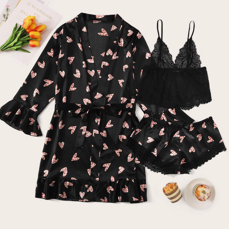 

3pack Heart Print Contrast Lace Lingerie Set & Belted Satin Robe, Black