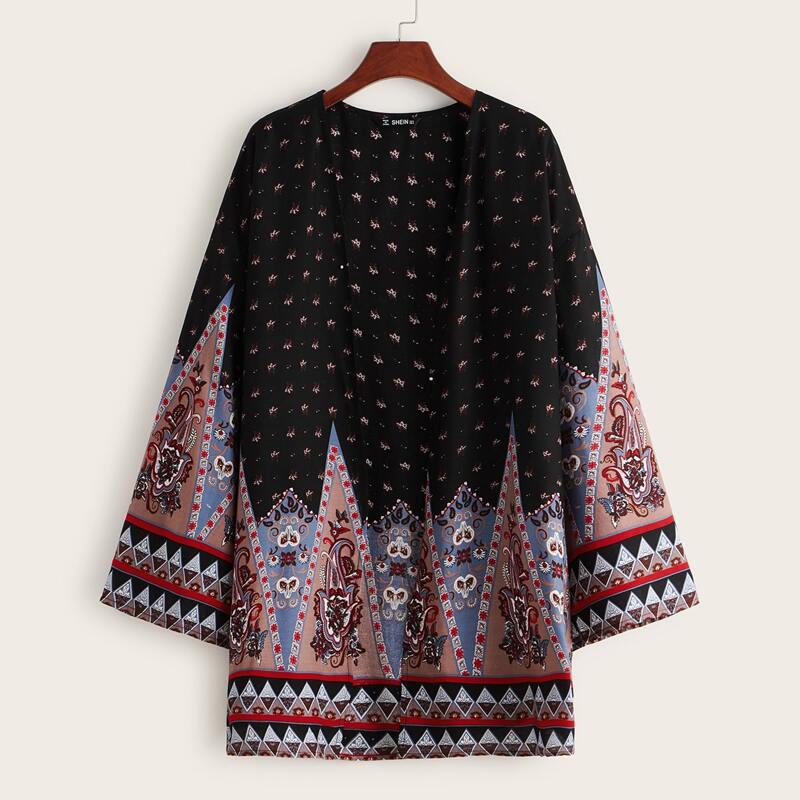 

Open Front Tribal Print Kimono, Black