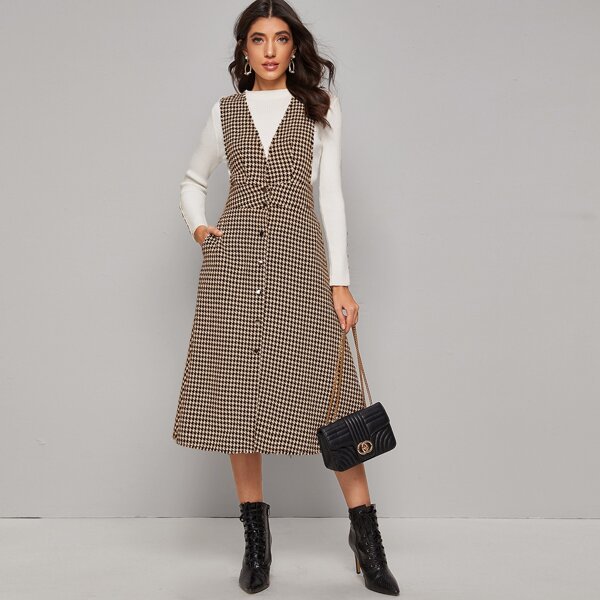 

Button Front Raw Hem Houndstooth Tweed Overall Dress, Brown