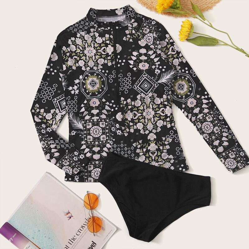 

Floral Zipper Front Long Sleeve Tankini, Multicolor