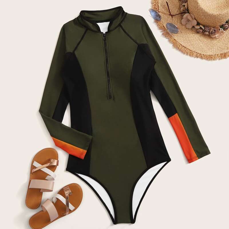 

Colorblock Zipper Front Long Sleeve One Piece Swimwear, Army green