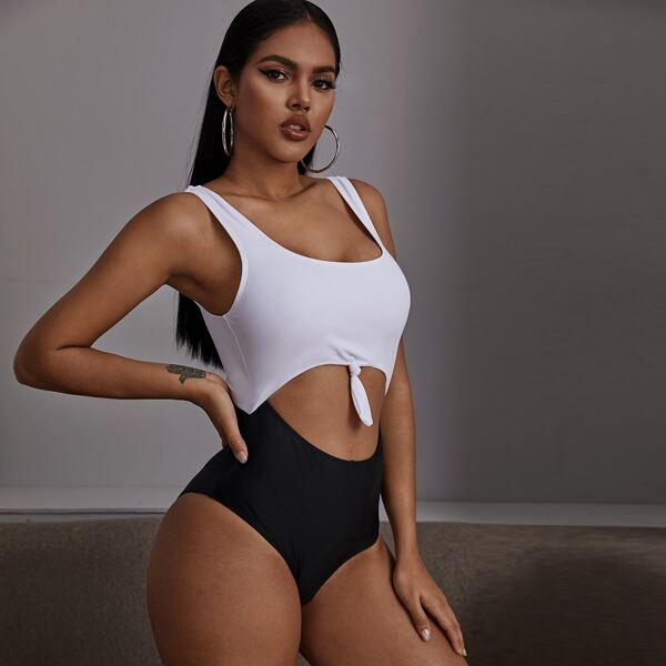 

Two Tone Knot Front One Piece Swimsuit, Black and white