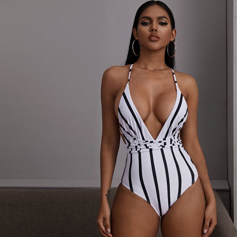 

Striped Criss Cross One Piece Swimsuit, Black and white