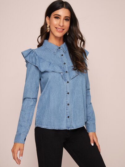 Ruffle Trim Button Up Denim Blouse