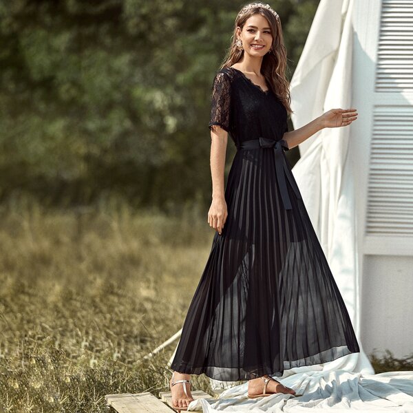 

Lace Panel Self Tie Pleated A-line Dress, Black