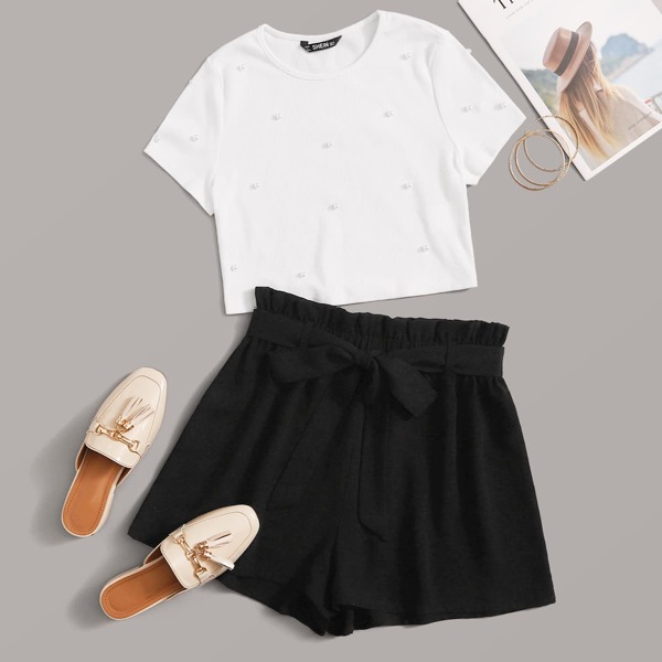 

Pearls Beaded Top & Paperbag Waist Shorts Set, Black and white