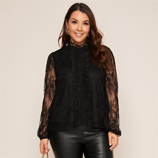 

Plus Lantern Sleeve Frill Trim Lace Blouse, Black