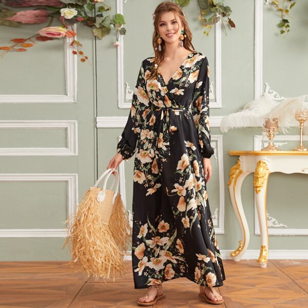

Floral Print Self Belted Balloon Sleeve Wrap Dress, Multicolor