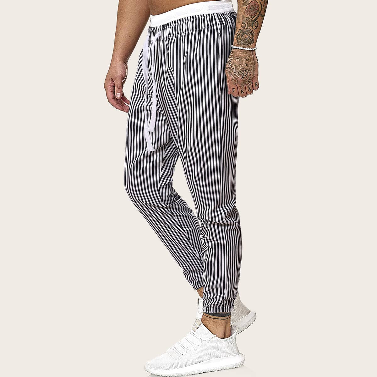

Guys Striped Drawstring Waist Pants, Black and white