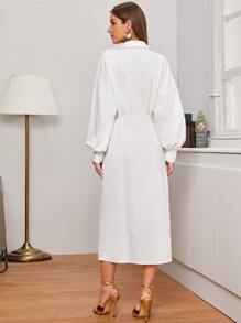 Modelyn Vestido estilo camisa de manga farol de hombros caídos - Blanco - Ver 2