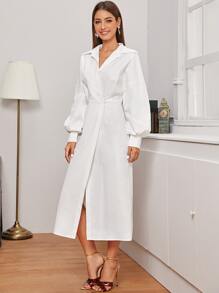 Modelyn Vestido estilo camisa de manga farol de hombros caídos - Blanco - Ver 3