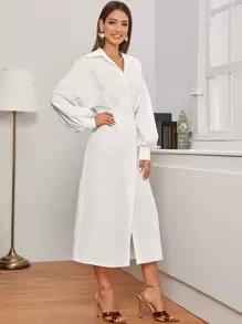 Modelyn Vestido estilo camisa de manga farol de hombros caídos - Blanco - Ver 4