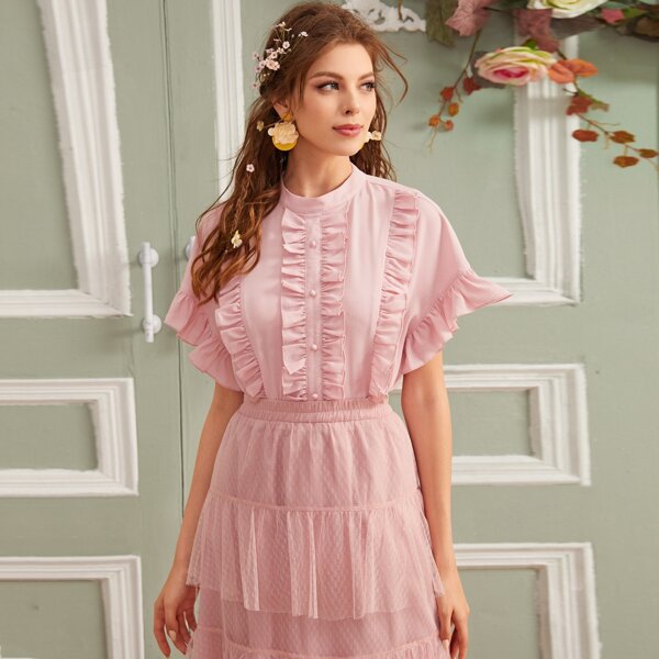 

Mock-neck Frill Trim Top, Pink pastel