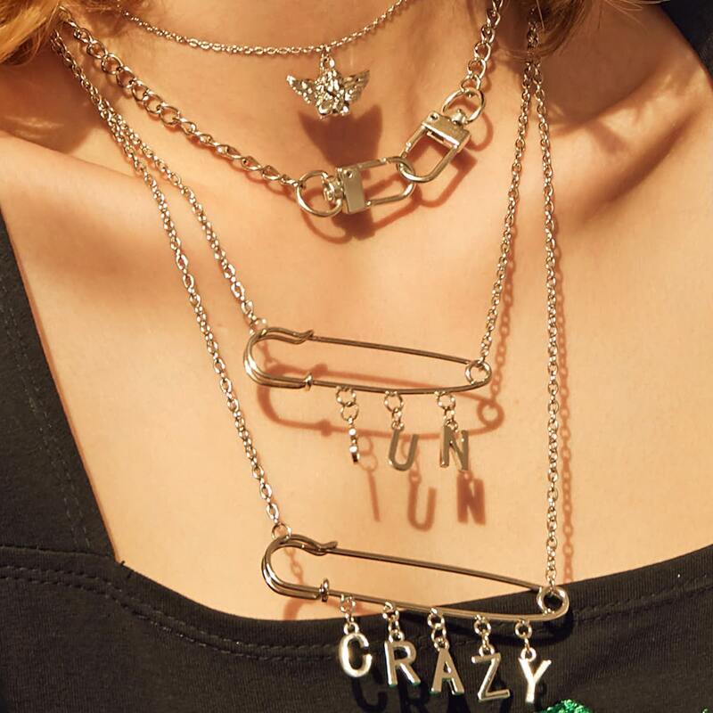 

2pcs Letter & Safety Pin Charm Layered Necklace, Silver