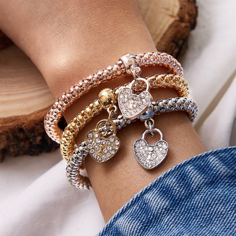 

3pcs Rhinestone Decor Heart Charm Bracelet, Multicolor
