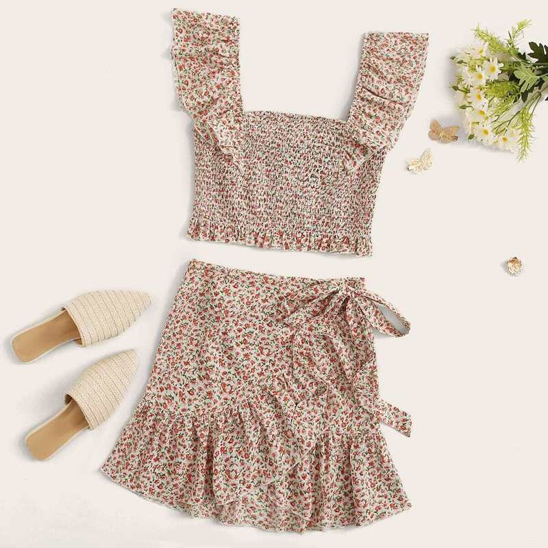 

Ditsy Floral Smocked Top & Self-Tie Wrap Skirt Set, Multicolor