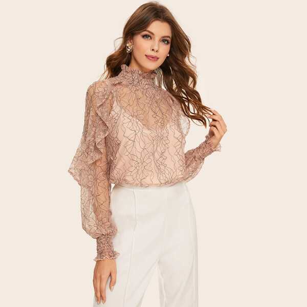 

Shirred Trim Floral Lace Sheer Top Without Camisole, Pink