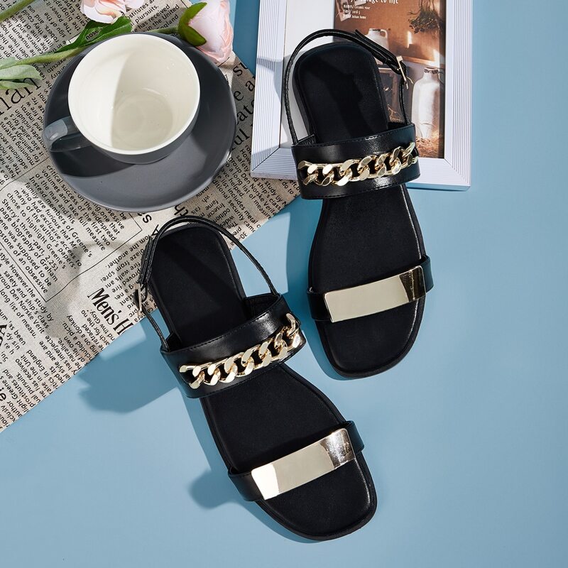 

Chain Decor Open Toe Slingback Flat Sandals, Black
