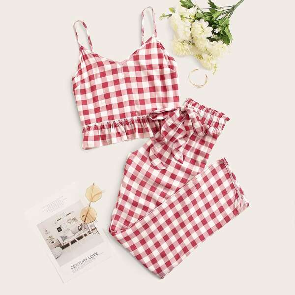 

Ruffle Hem Gingham Cami Top & Knot Pants PJ Set, Pink