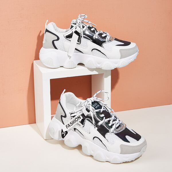 

Color Block Lace-up Front Chunky Sneakers, Black and white