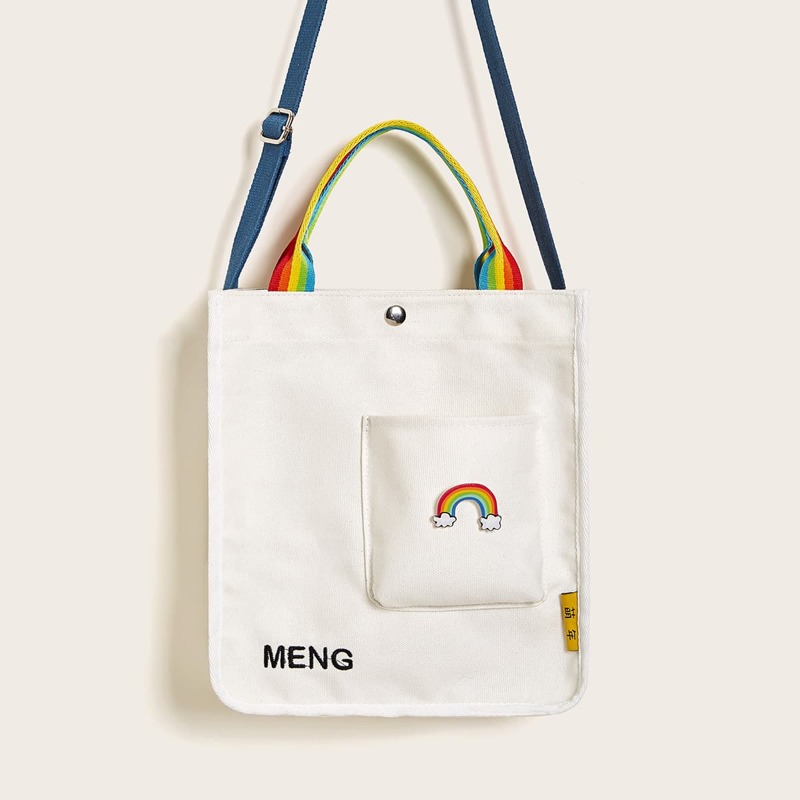 

Rainbow Handle Letter Embroidered Satchel Bag, White