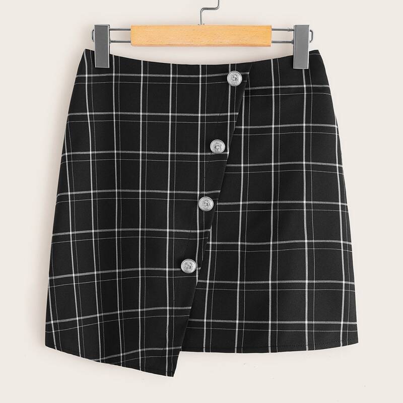 

Button Front Plaid Mini Skirt, Black