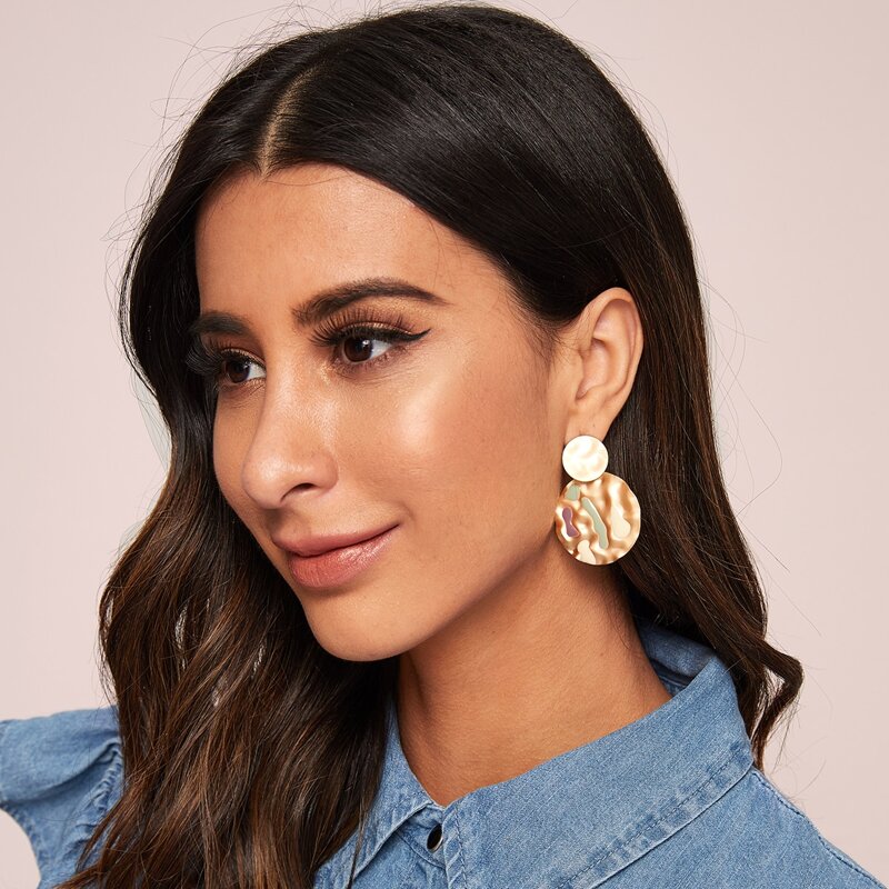 

1pair Textured Round Drop Earrings, Gold
