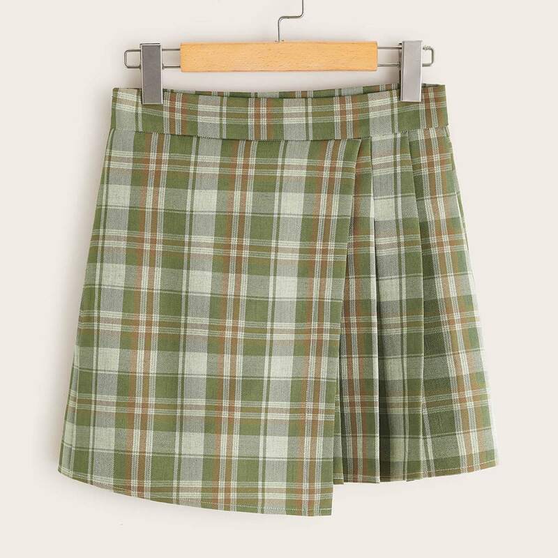 

Plaid Pleated Asymmetrical Hem Mini Skirt, Multicolor