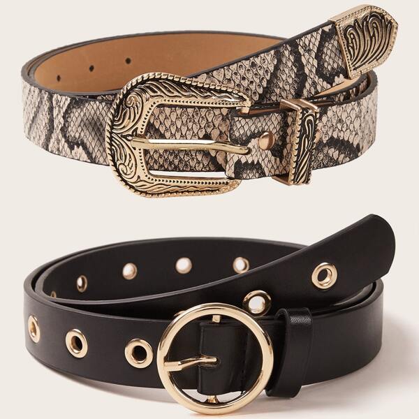 

2pcs Snakeskin & O-ring Buckle Belt, Multicolor