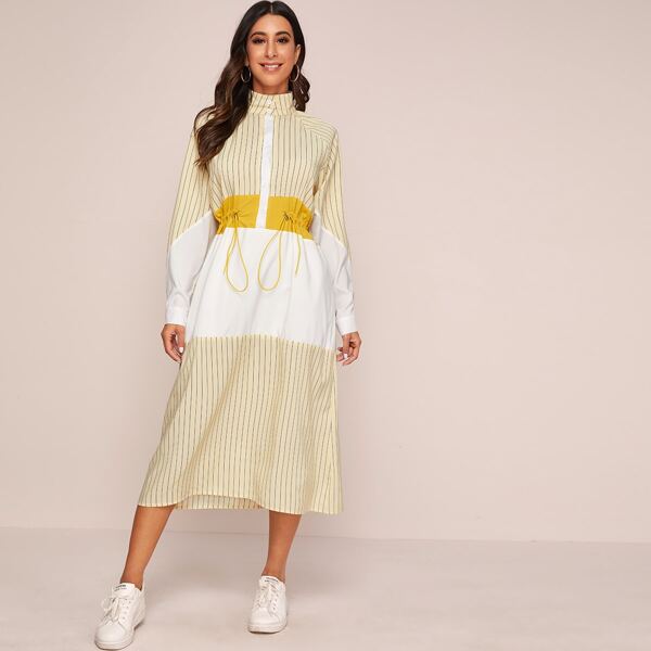 

Mock Neck Contrast Striped Drawstring Waist Dress, Multicolor