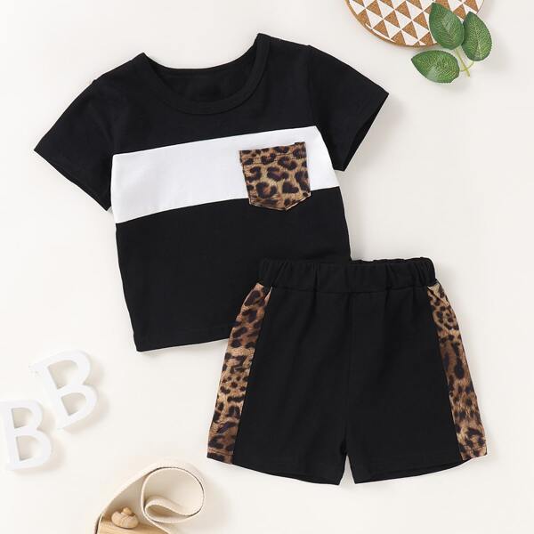 

Baby Boy Color-block Leopard Pocket Tee With Shorts, Multicolor