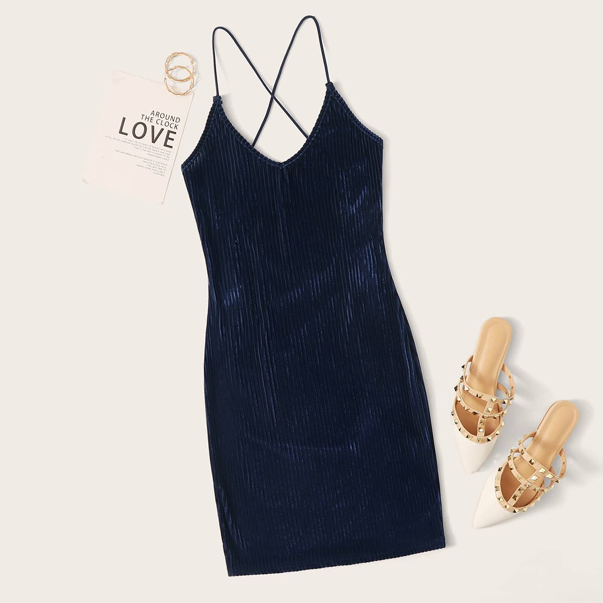 

Lace-up Open Back Rib-knit Velvet Dress, Navy blue