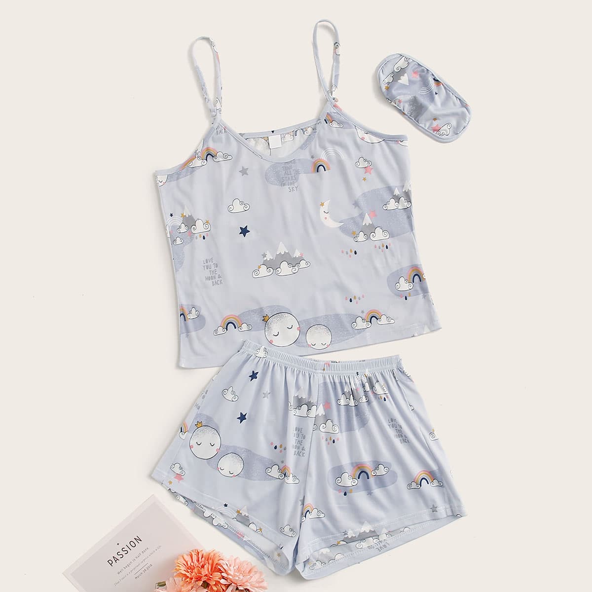 

Cartoon Graphic Cami PJ Set & Eye Cover, Grey