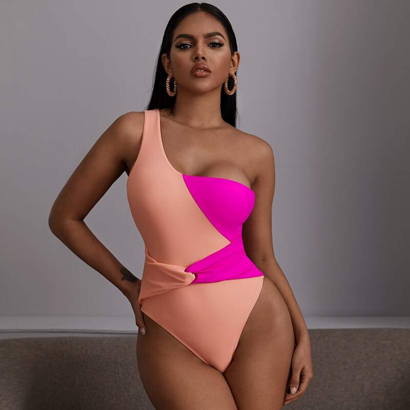 

Colorblock One Shoulder One Piece Swimsuit, Pink