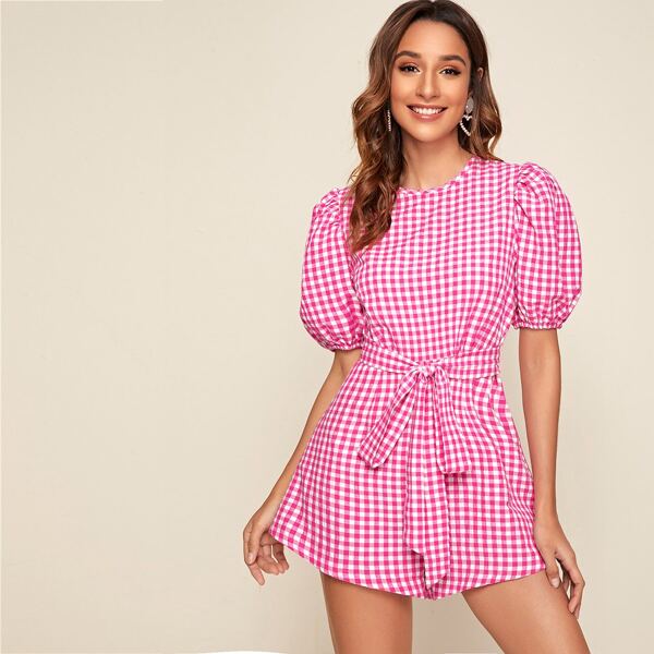 

Puff Sleeve Self Belted Buffalo Plaid Romper, Pink