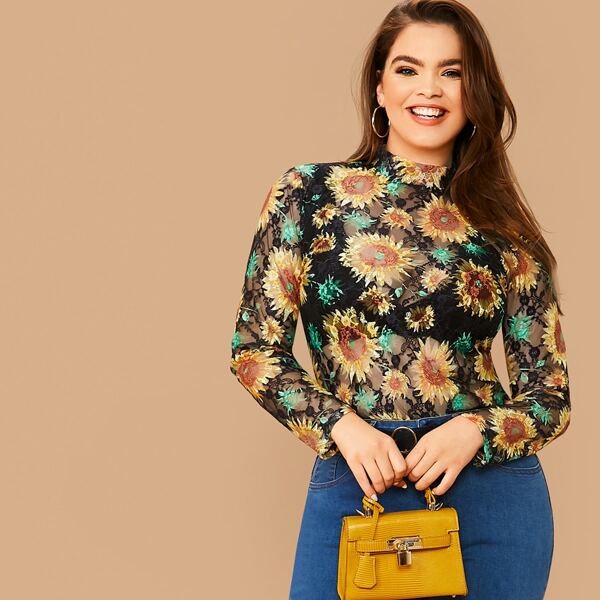 

Plus Mock-Neck Sunflower Print Lace Top Without Bra, Multicolor