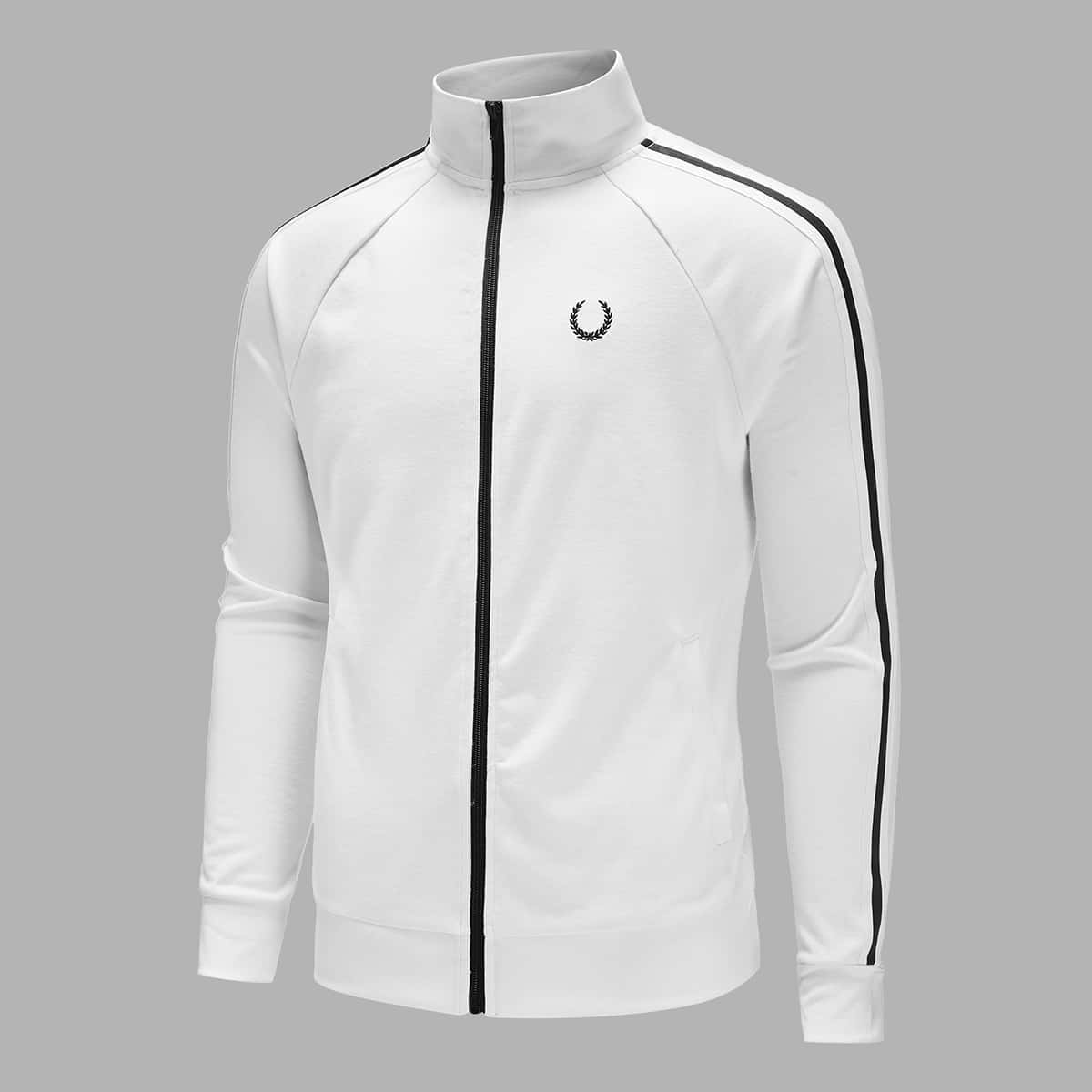 

Guys Zip Up Embroidery Detail Striped Tape Sleeve Jacket, White