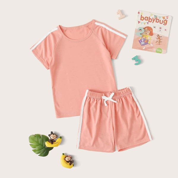 

Toddler Girls Contrast Tape Drawstring Waist PJ Set, Pink