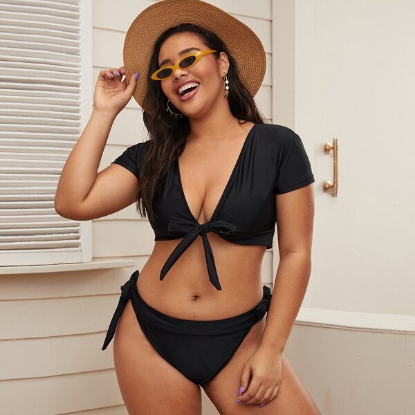 

Plus Knot Front Short Sleeve Tie Side Bikini Swimsuit, Black