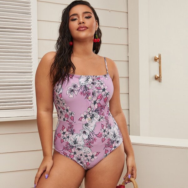 

Plus Floral Print One Piece Swimsuit, Pink