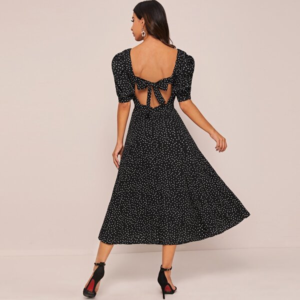 

Polka Dot Tie Back Backless A-line Dress, Black