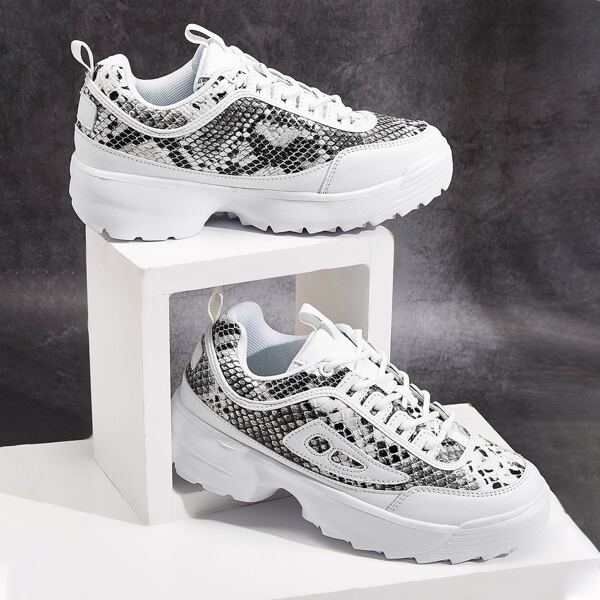 

Snakeskin Print Lace-up Front Chunky Sneakers, Multicolor