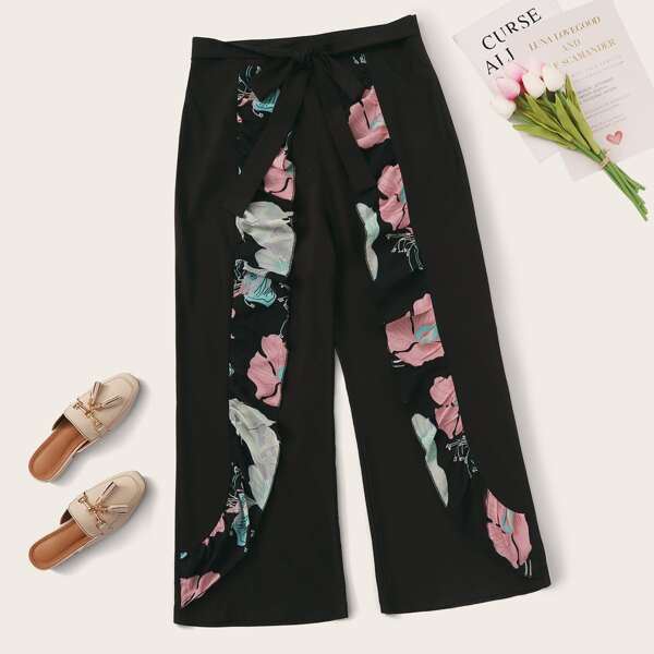 

Plus Self Tie Ruffle Trim Pants, Black