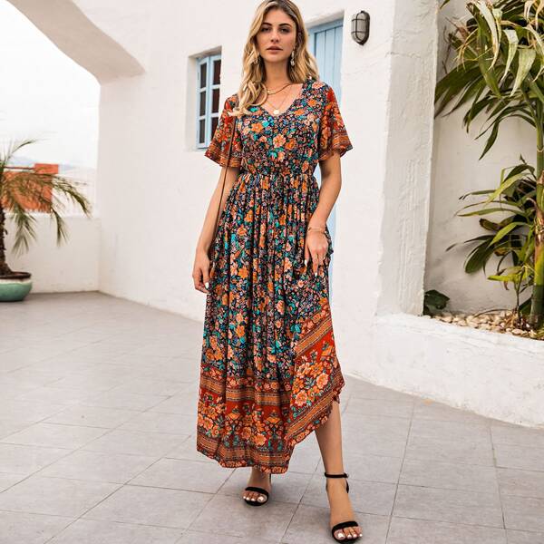

Butterfly Sleeve Tribal Floral Maxi Dress, Multicolor