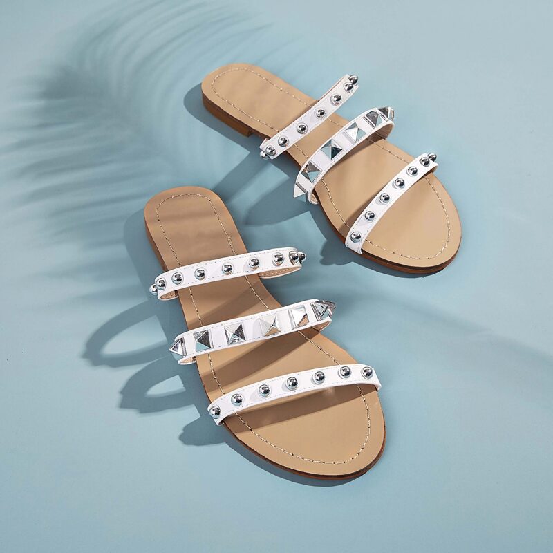 

Studded Decor Open Toe Sliders, White