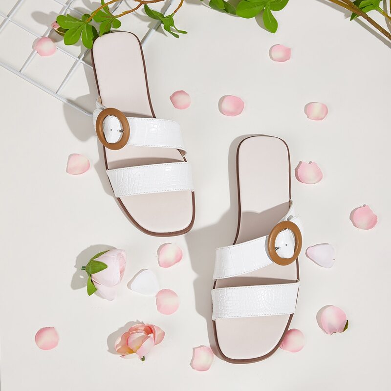 

Buckle Decor Flat Sliders, White