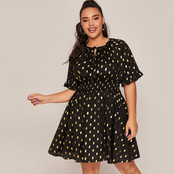 

Plus Polka Dot Tie Front A-line Dress, Black