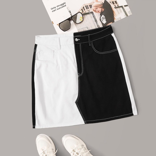 

Plus Two Tone Denim Straight Skirt, Black and white