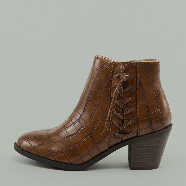 

Croc Embossed Laced Side Block Heel Ankle Boots, Multicolor